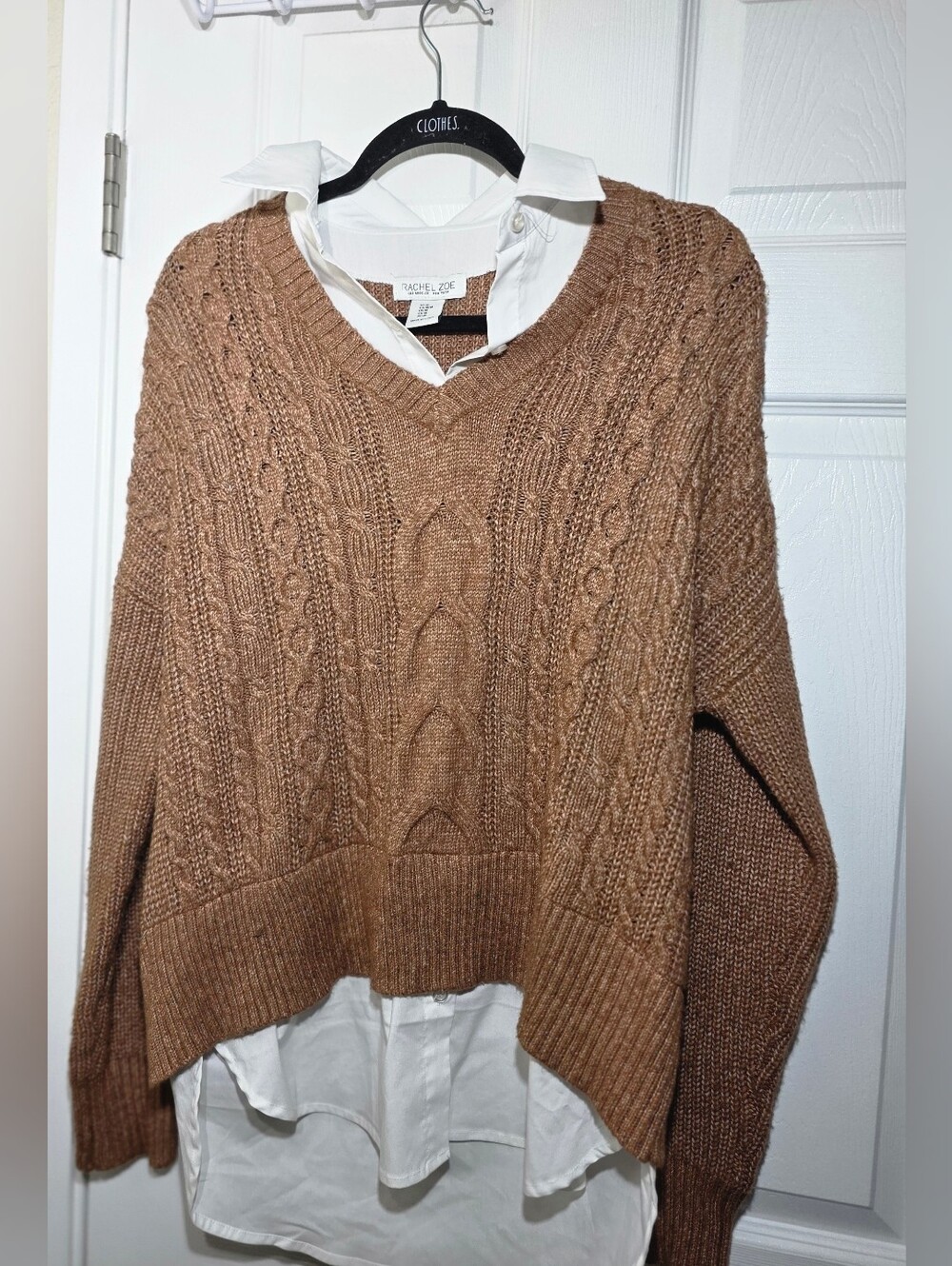 Rachel Zoe Women’s Cable Knit Sweater Layered Button Up Shirt Size M Brown